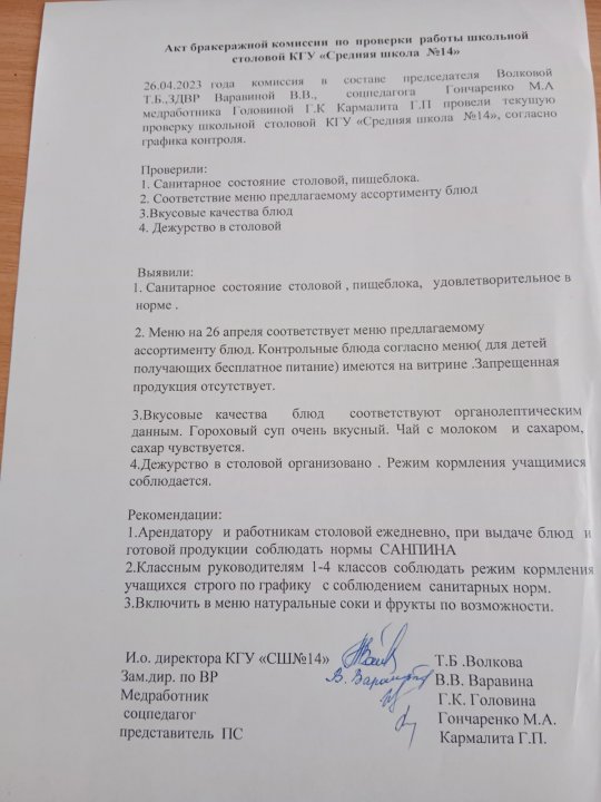 По проверке столовой